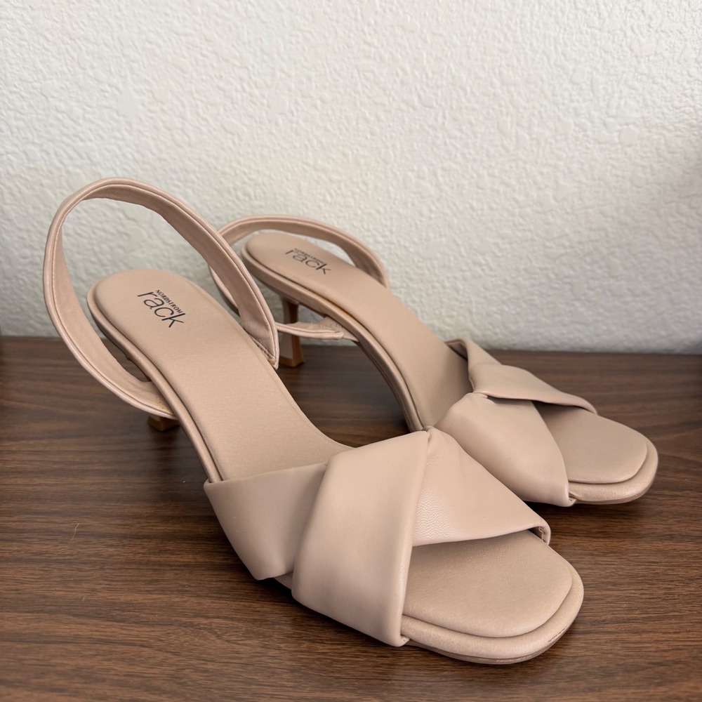 Nordstrom Rack Sandals Womens 9.5 Slingback Tan Open Toe Crisscross Kitten Heels